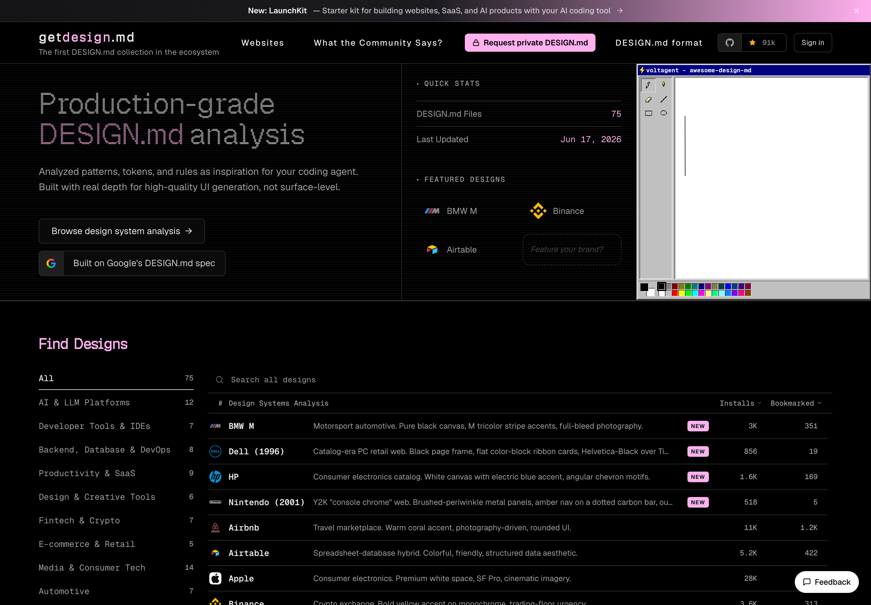 The getdesign.md home page, showing 75 production-grade DESIGN.md files and a searchable list of design systems like BMW, Dell, Nintendo, Airbnb, and Apple.