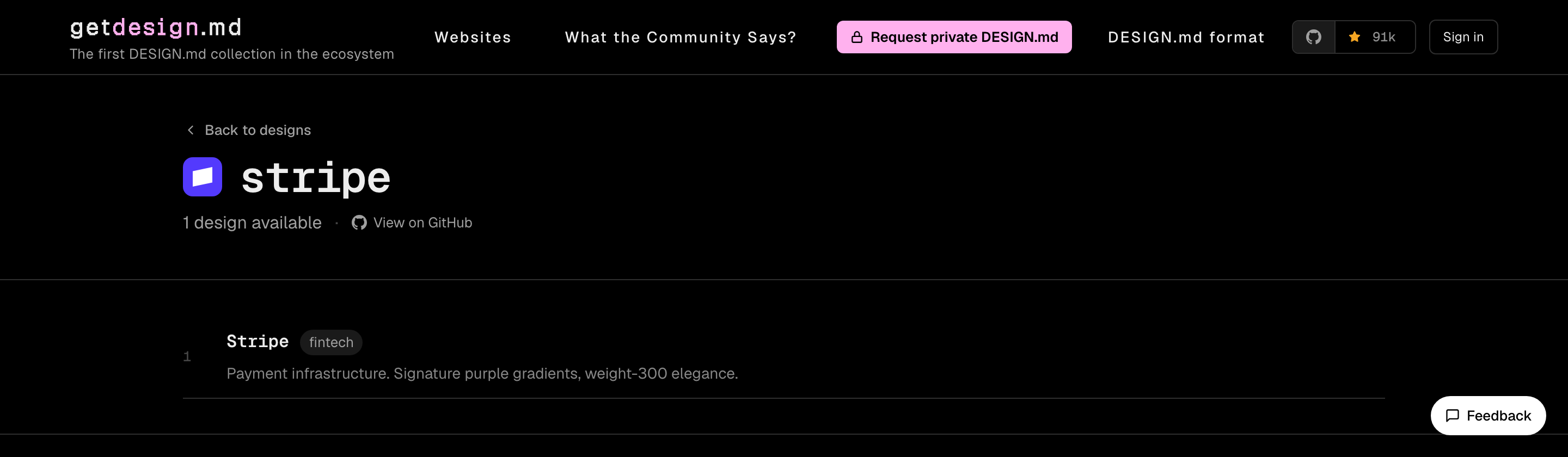 The Stripe entry on getdesign.md, summarized as "Payment infrastructure. Signature purple gradients, weight-300 elegance."