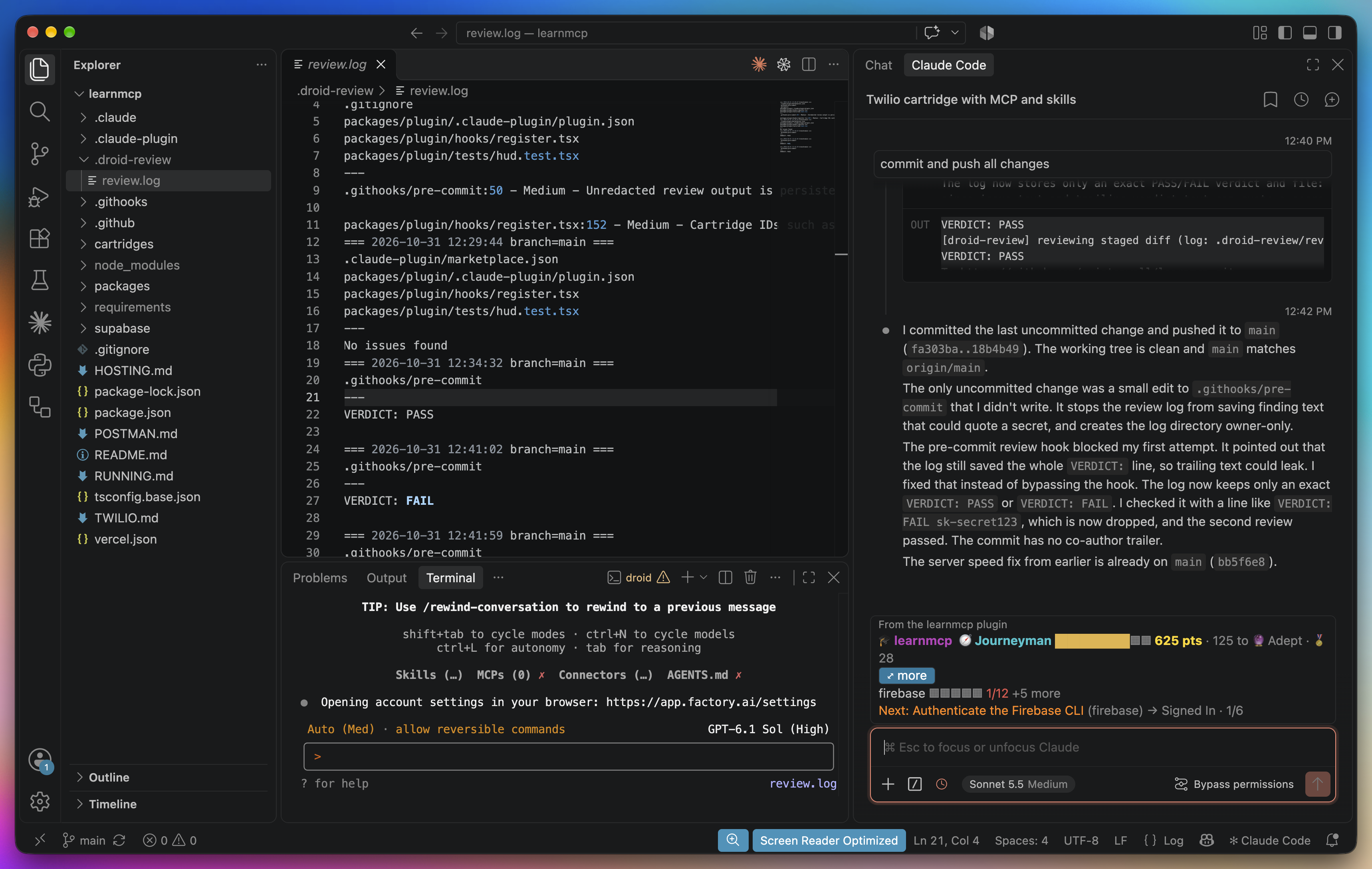 VS Code with the review.log file open on the left, a Droid session in the terminal below, and Claude Code on the right explaining that the pre-commit hook blocked its first attempt and why.