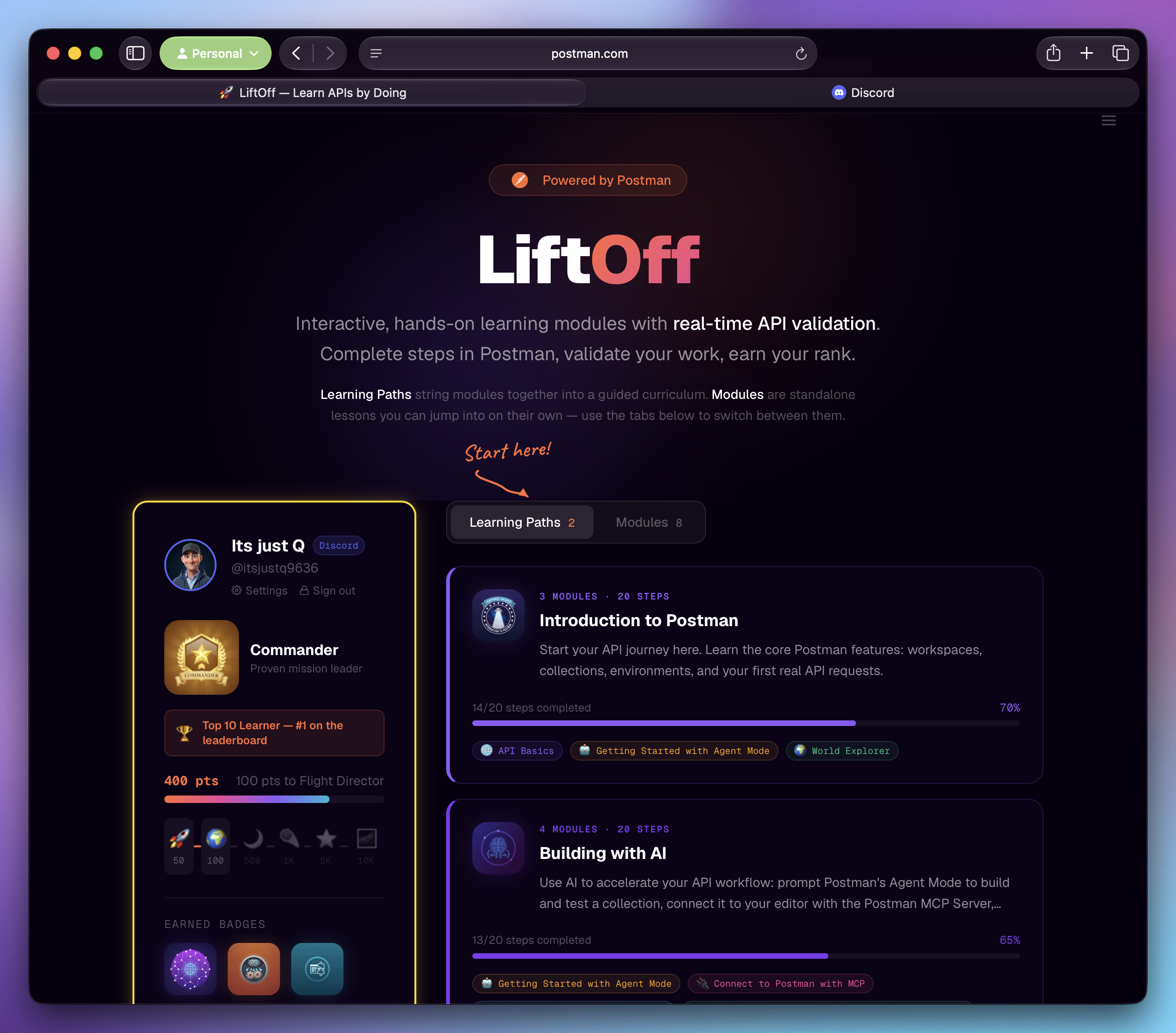 Liftoff's learning paths, badges, and leaderboard rank inside Postman
